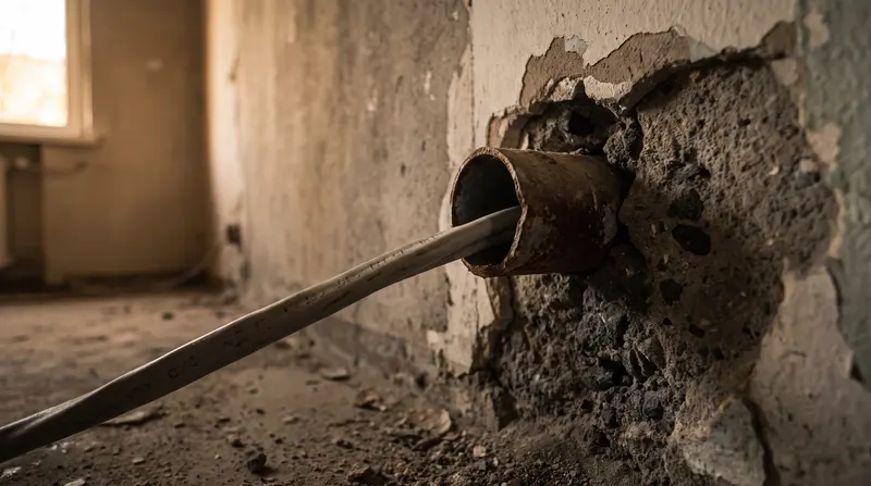 Cable being drawn through conduit cast into a bare concrete wall — rewires in Pitsea