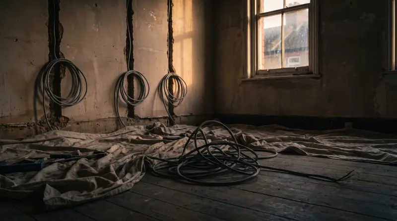 Chases cut into the plaster of a stripped Victorian room with cable dropped in — rewires in Wanstead