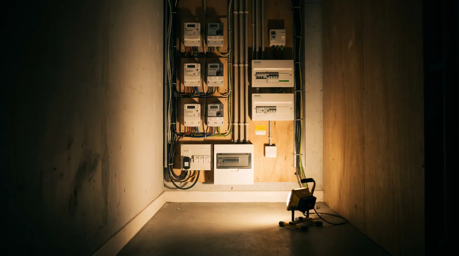 An electrical riser cupboard in a modern apartment block — landlord electrics in Canary Wharf