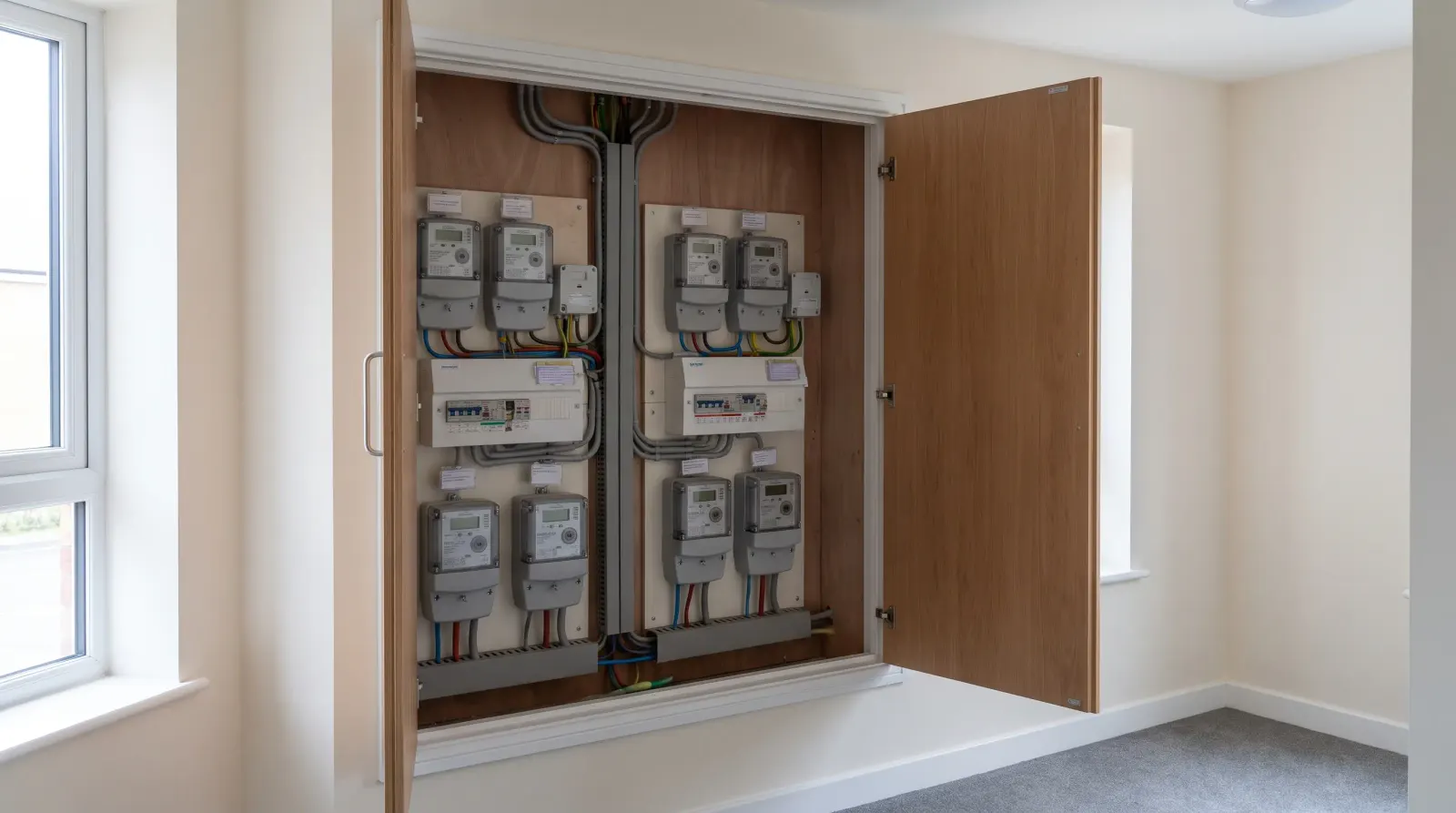 An electrical riser cupboard in a modern apartment block — the kind of landlord electrics an electrician in Canning Town is called out for