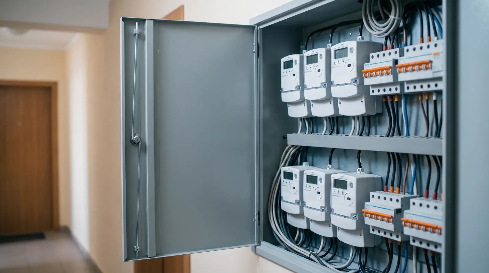 An electrical riser cupboard in a modern apartment block — the kind of landlord electrics an electrician in Greenhithe is called out for