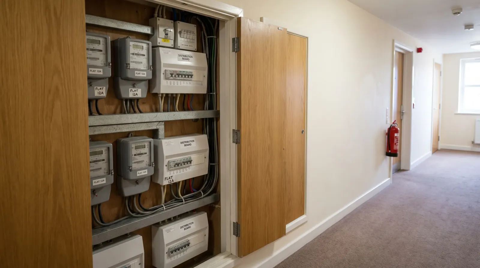 An electrical riser cupboard in a modern apartment block — the kind of landlord electrics an electrician in Isle of Dogs is called out for