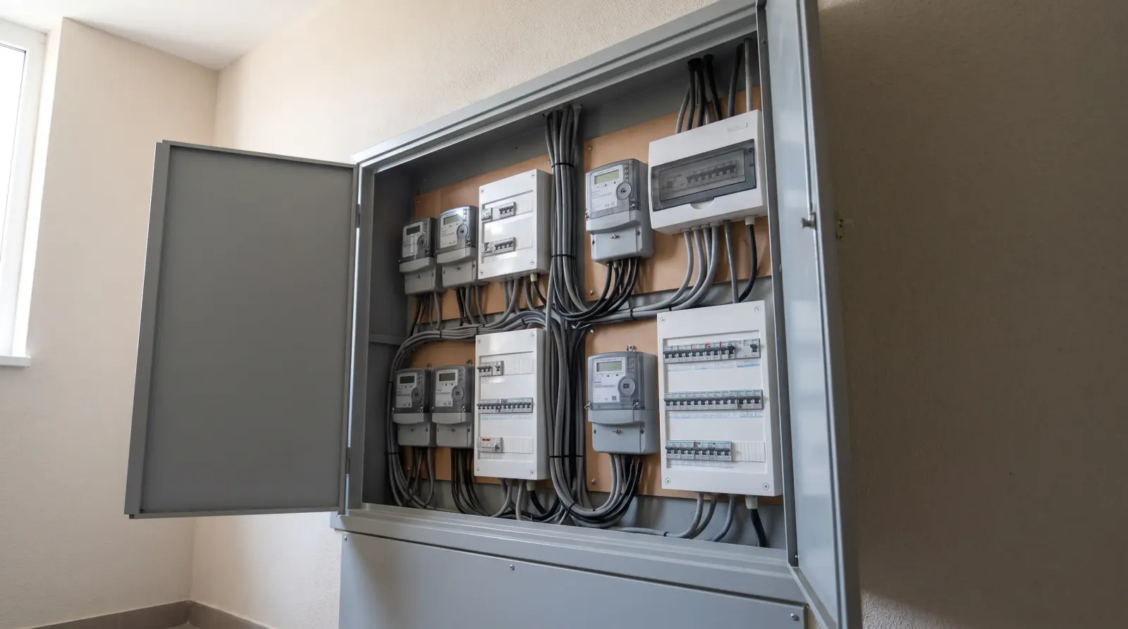 An electrical riser cupboard in a modern apartment block — landlord electrics in Stratford