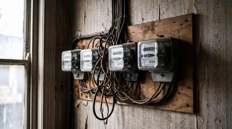 Four separate electricity meters on a board in a communal hallway — separating supplies in Ilford