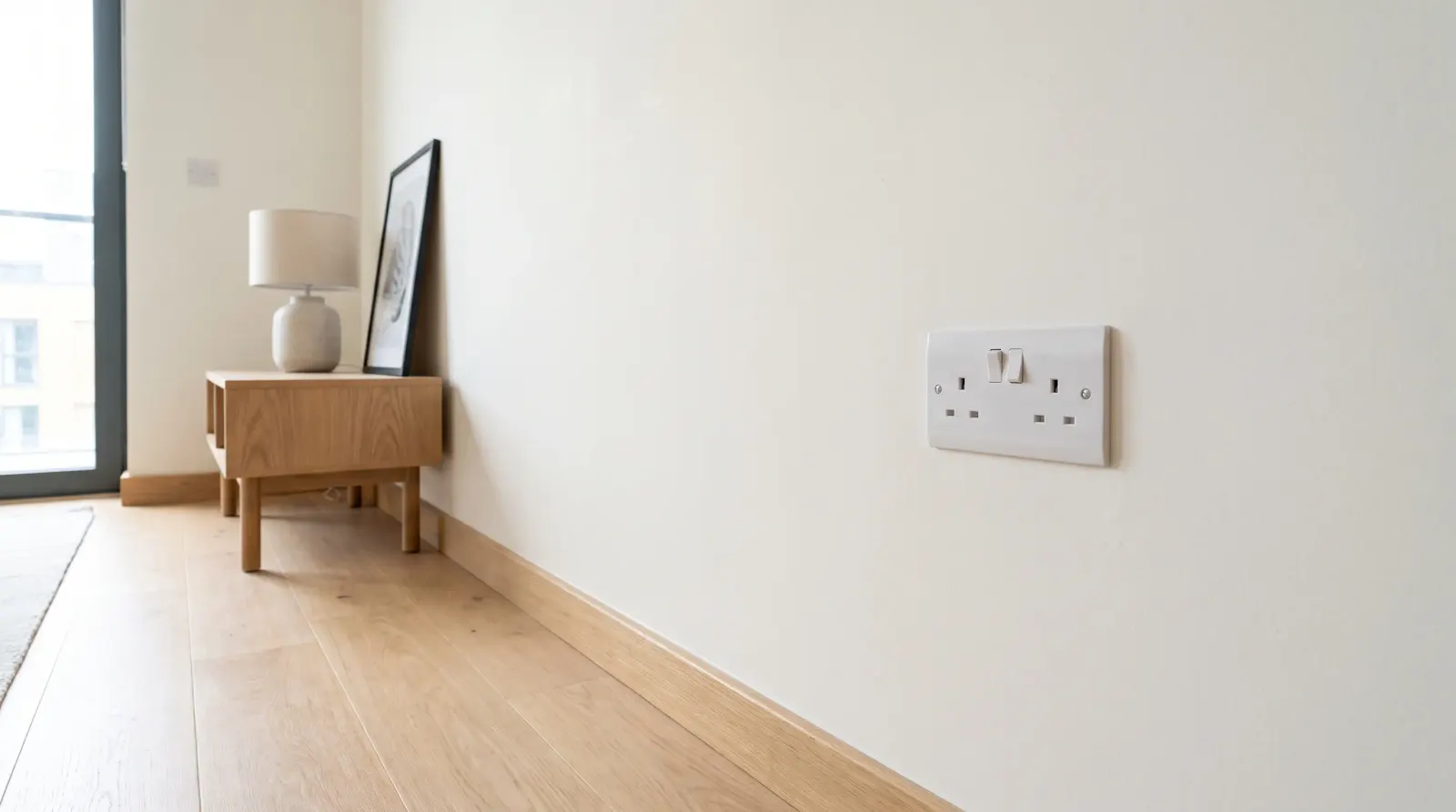 A flush socket and switch plate in a modern flat — new sockets and lighting in Greenhithe