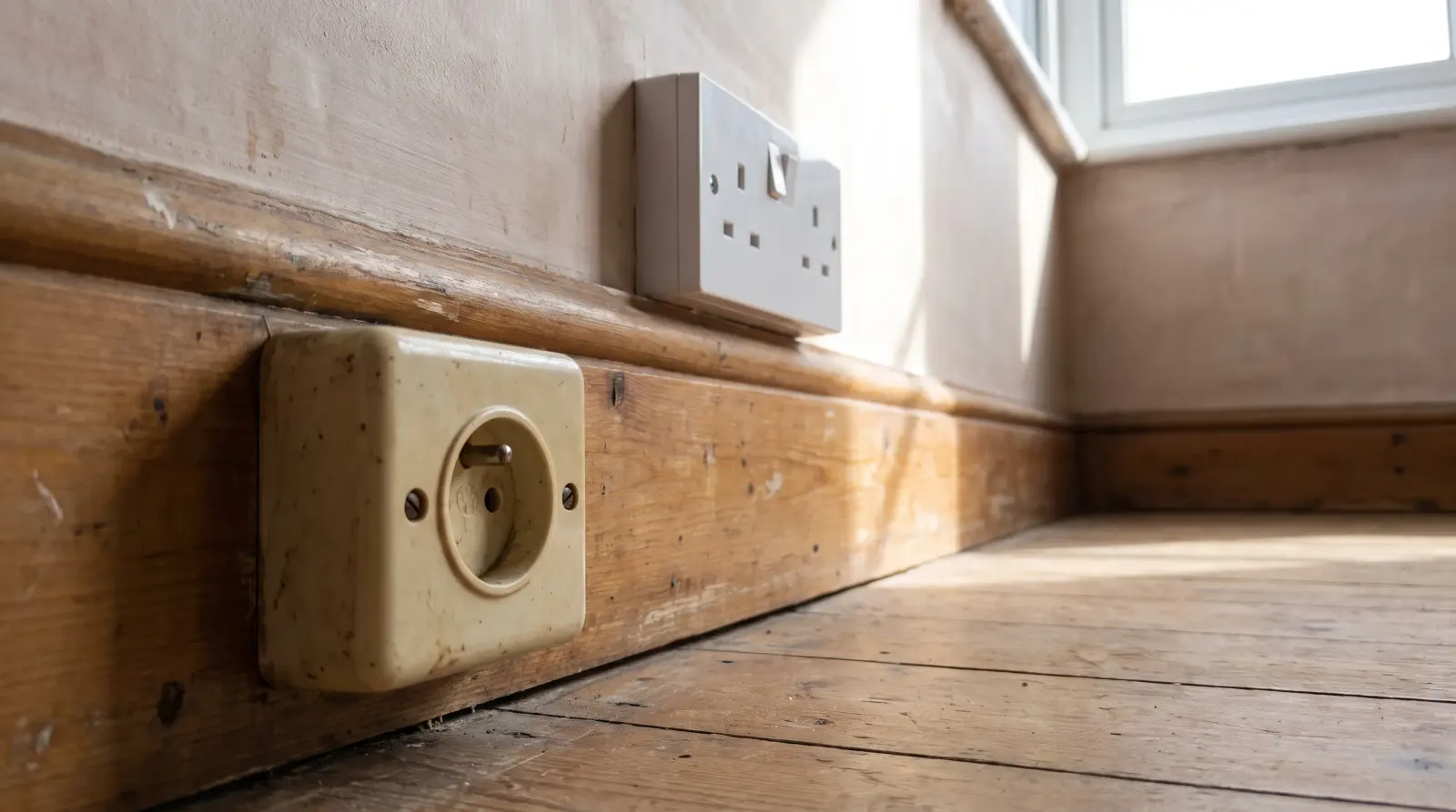 A surviving round-pin socket next to a modern three-pin one — the kind of new sockets an electrician in Collier Row is called out for