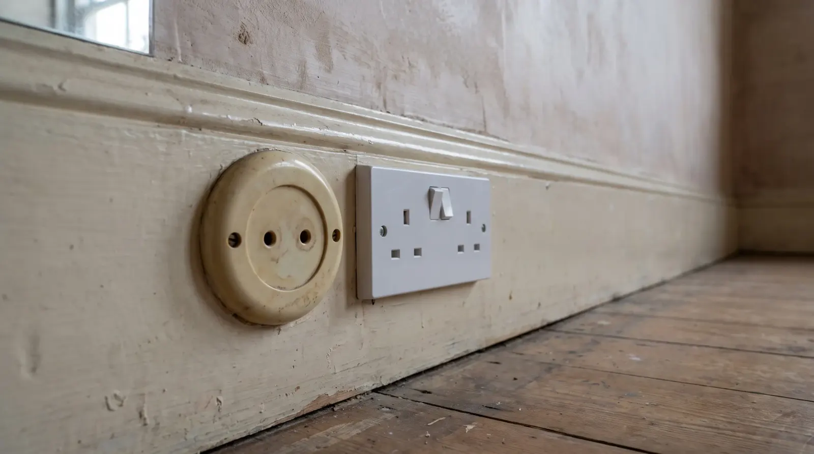 A surviving round-pin socket next to a modern three-pin one — new sockets in Mottingham