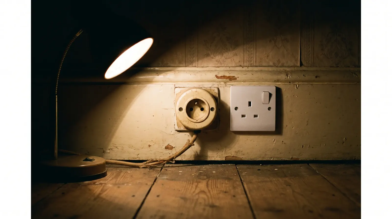 A surviving round-pin socket next to a modern three-pin one — the kind of new sockets an electrician in Southgate is called out for