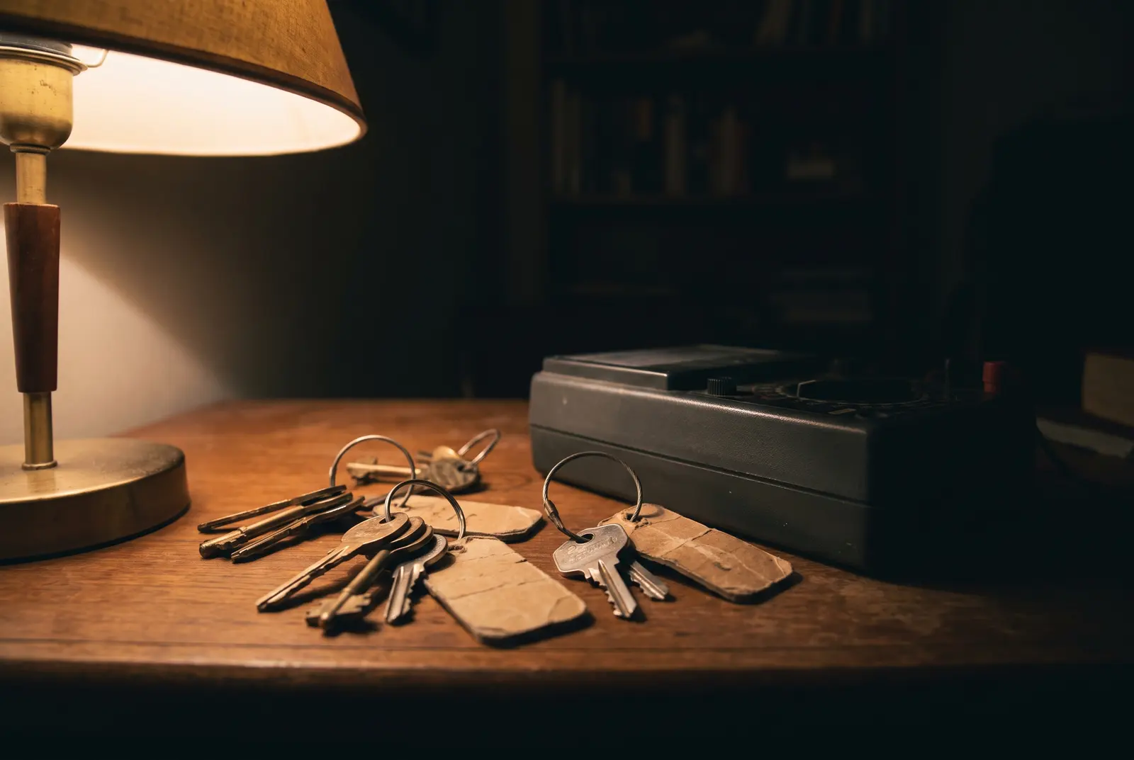 Several sets of labelled house keys on a desk beside a test instrument