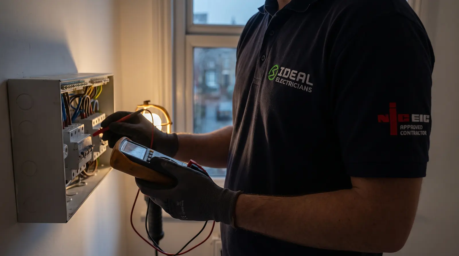 An Ideal Electricians engineer testing at a consumer unit in an empty flat