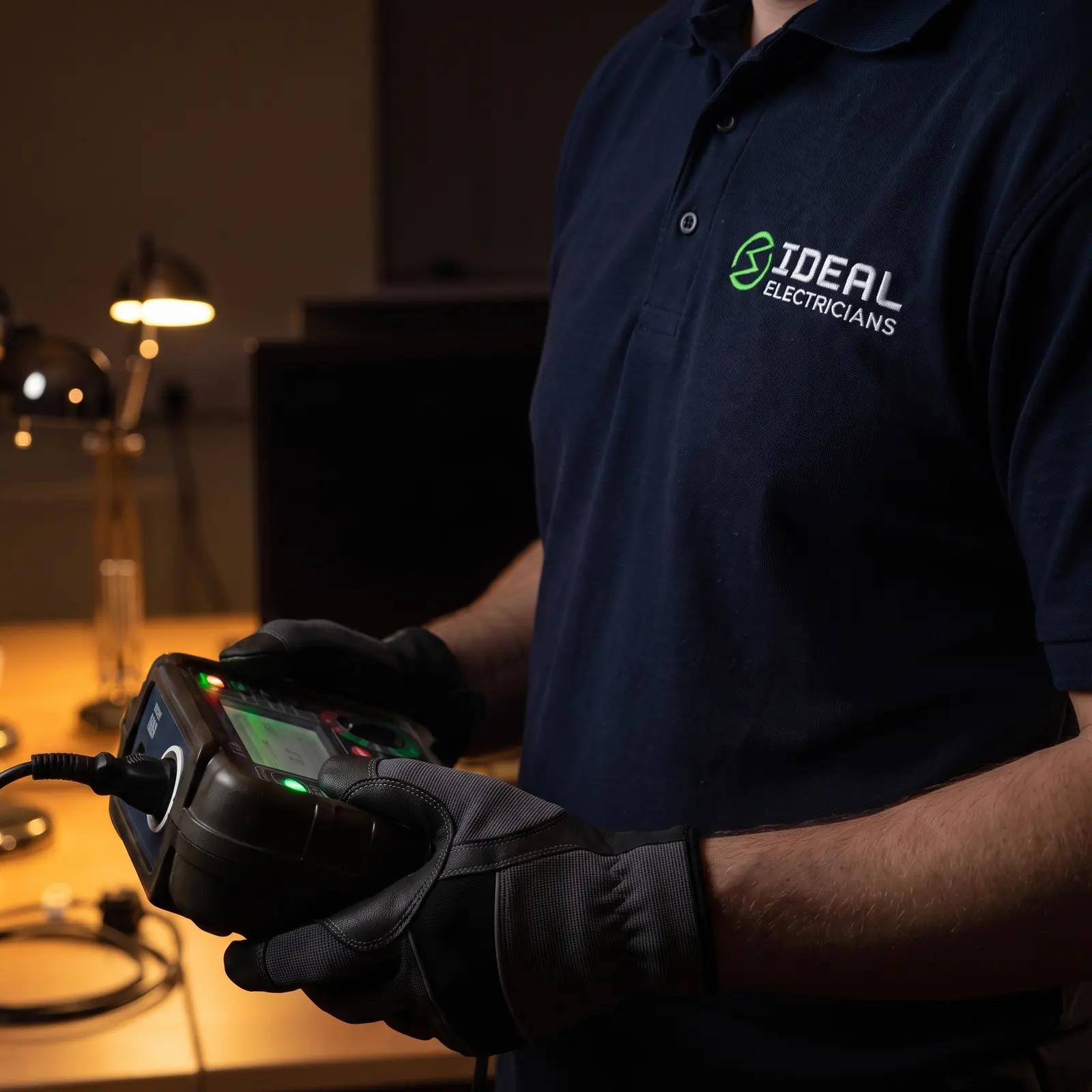 An Ideal Electricians engineer testing office equipment with a portable appliance tester