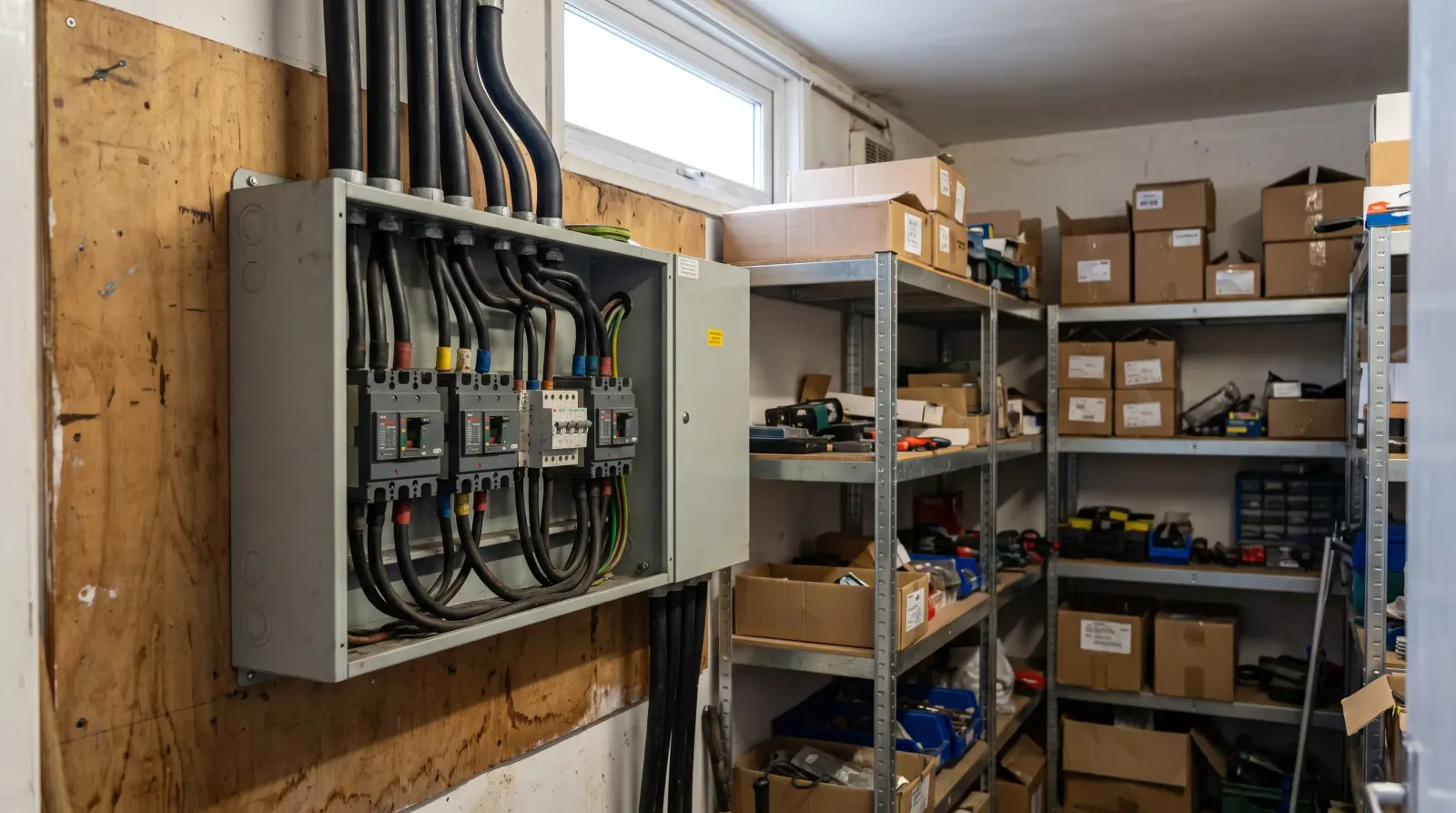 A three-phase distribution board in the back of a shop unit — the kind of commercial electrics an electrician in Barkingside is called out for