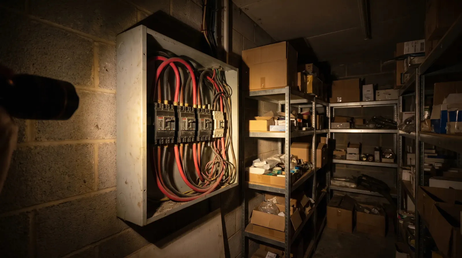 A three-phase distribution board in the back of a shop unit — the kind of commercial electrics an electrician in Dartford is called out for
