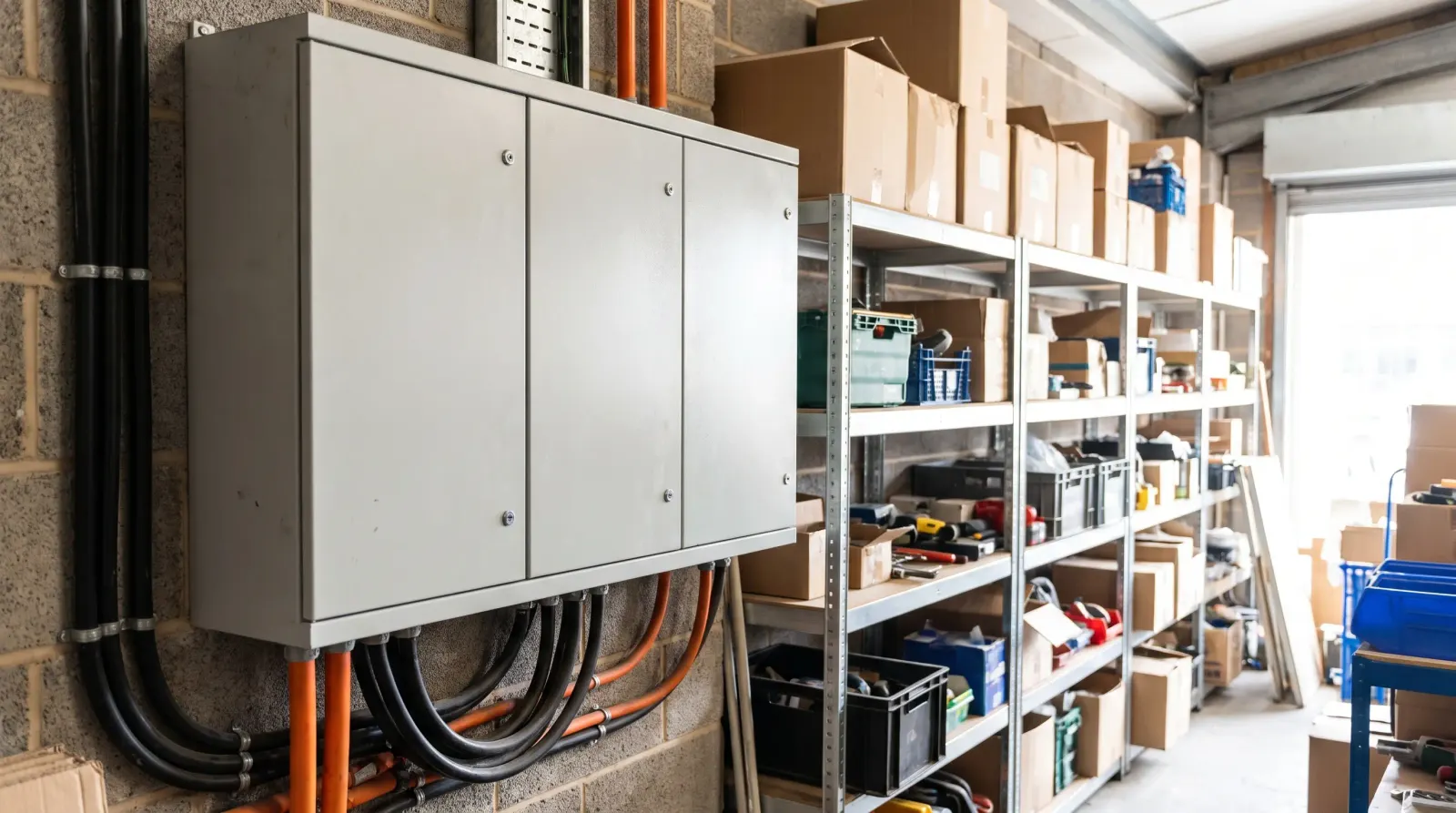 A three-phase distribution board in the back of a shop unit — the kind of commercial electrics an electrician in Epping is called out for