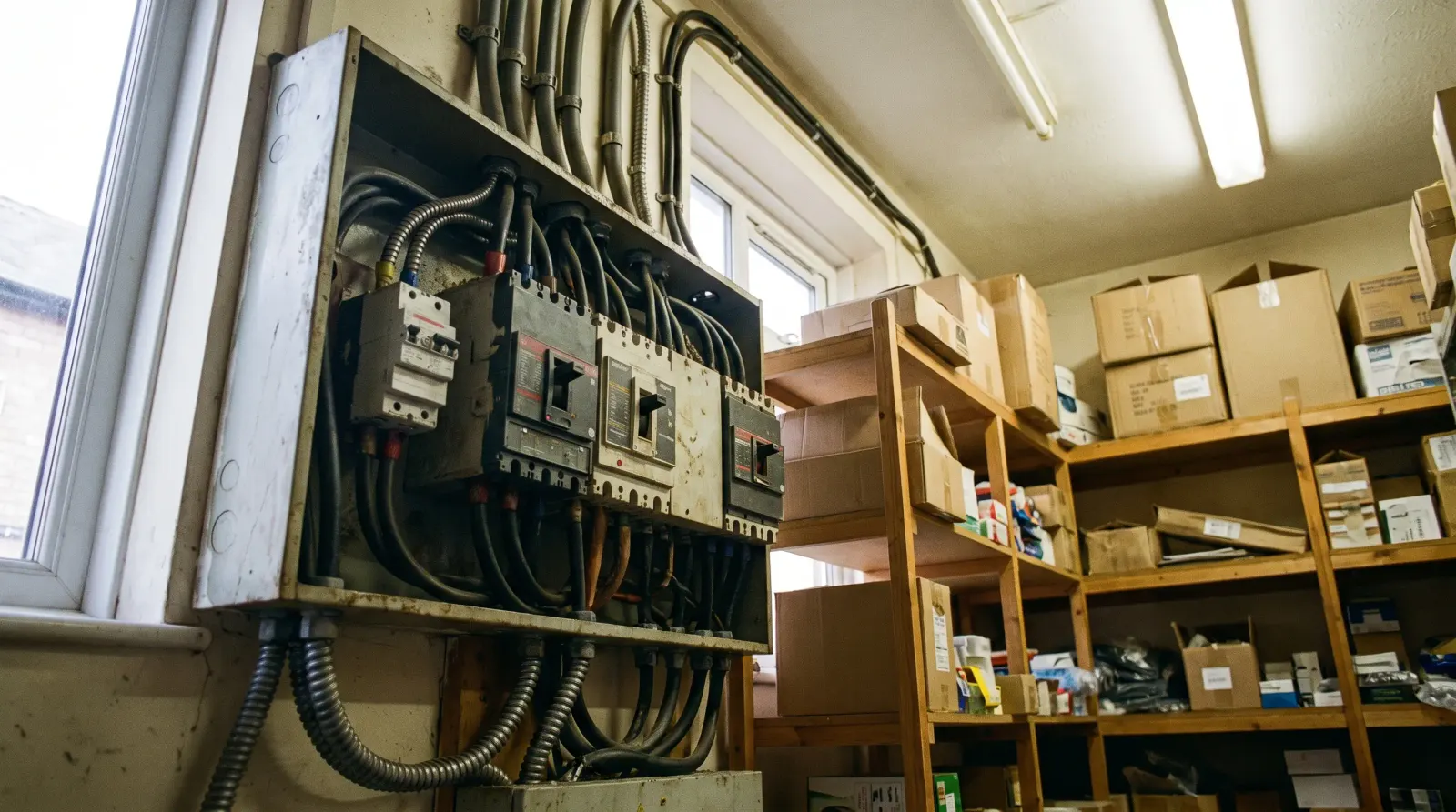 A three-phase distribution board in the back of a shop unit — commercial electrics in Romford