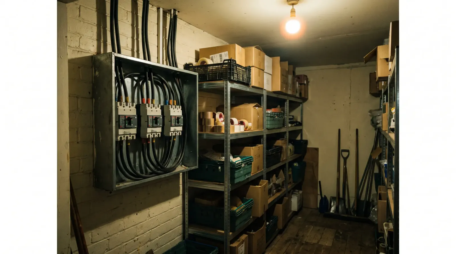 A three-phase distribution board in the back of a shop unit — the kind of commercial electrics an electrician in Shoreditch is called out for