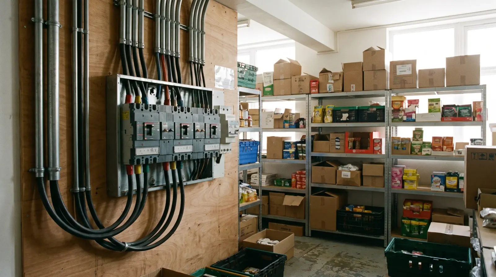 A three-phase distribution board in the back of a shop unit — commercial electrics in Woodford