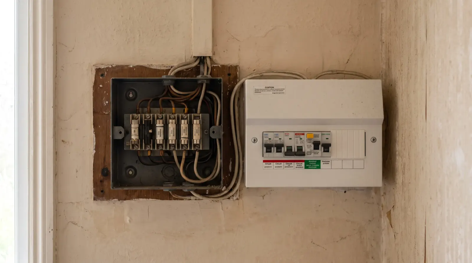 Two consumer units of different ages side by side on a landing — the kind of fuse board upgrade an electrician in Brockley is called out for