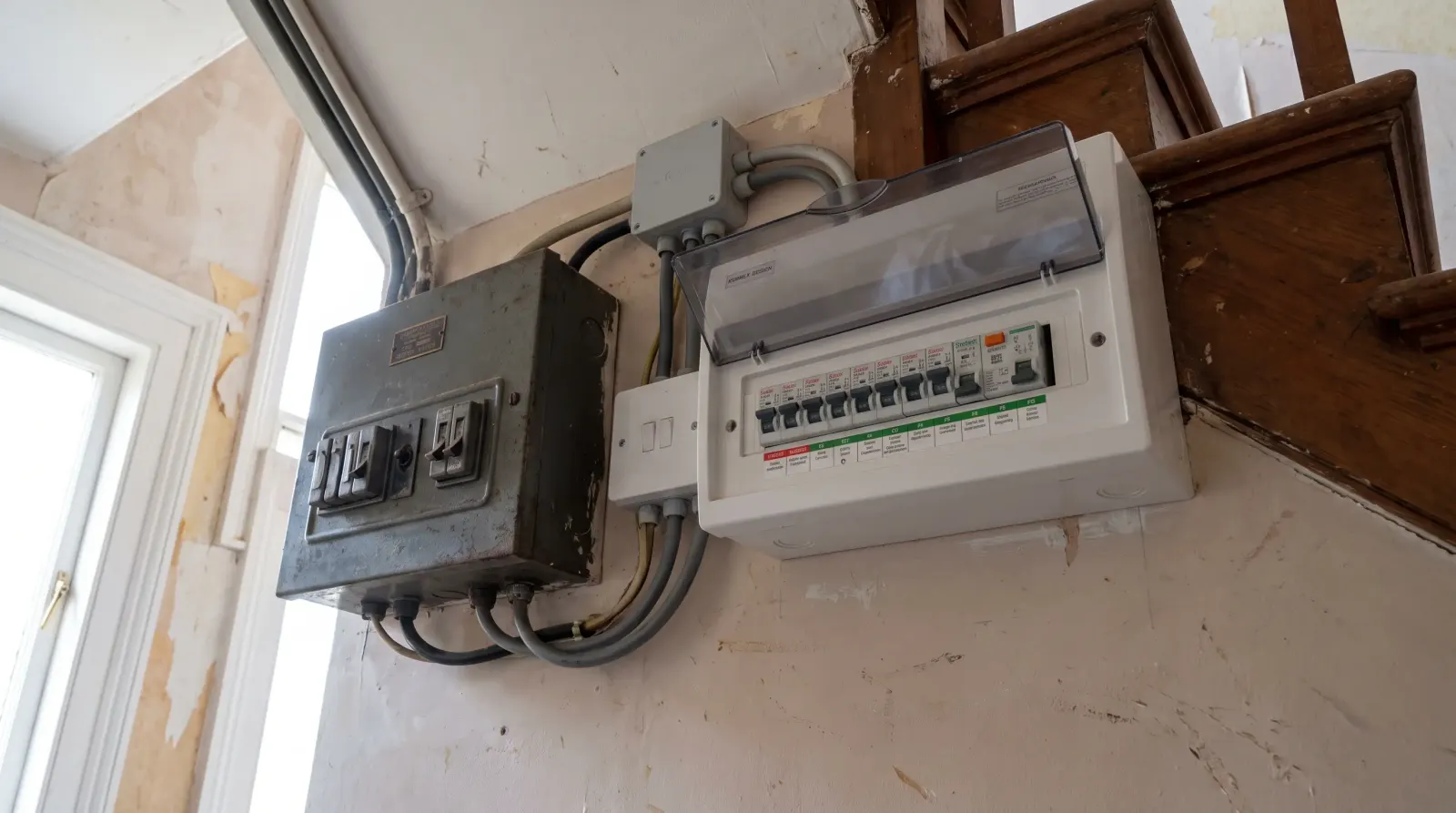 Two consumer units of different ages side by side on a landing — fuse board upgrade in Dalston