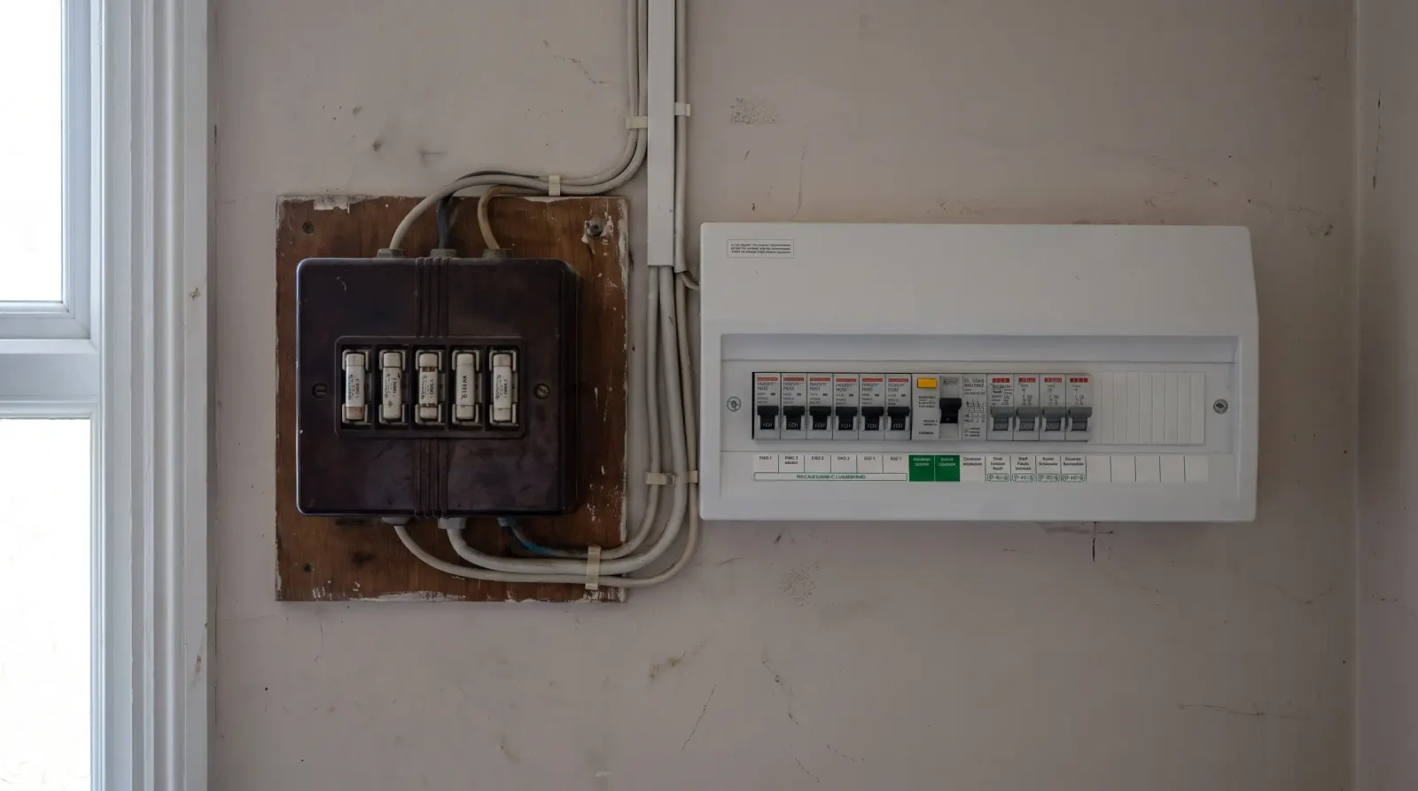 Two consumer units of different ages side by side on a landing — the kind of fuse board upgrade an electrician in Finsbury Park is called out for