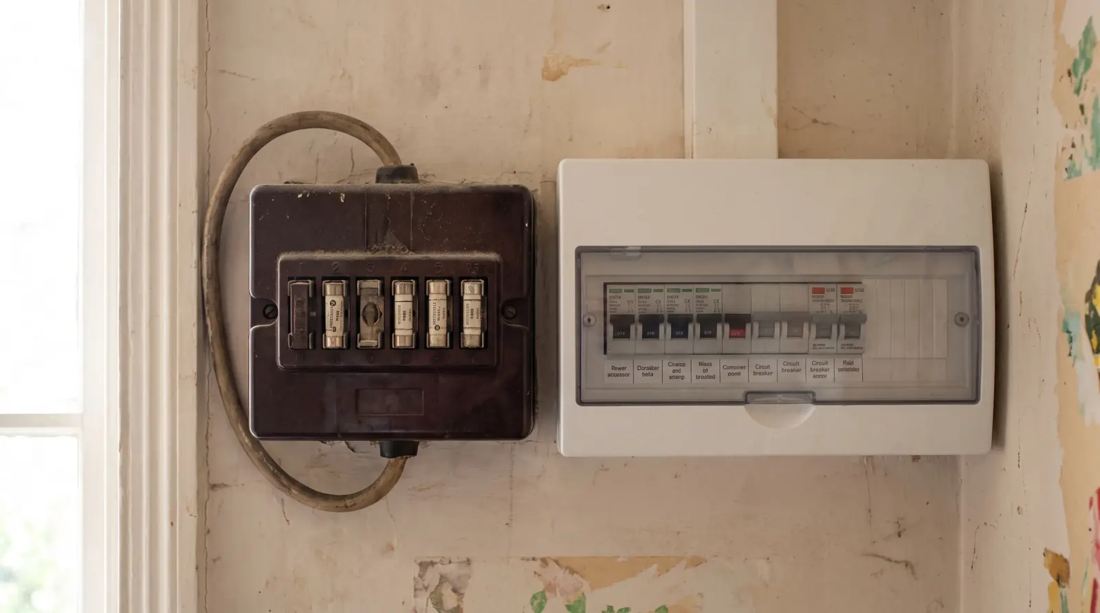 Two consumer units of different ages side by side on a landing — the kind of fuse board upgrade an electrician in Forest Gate is called out for