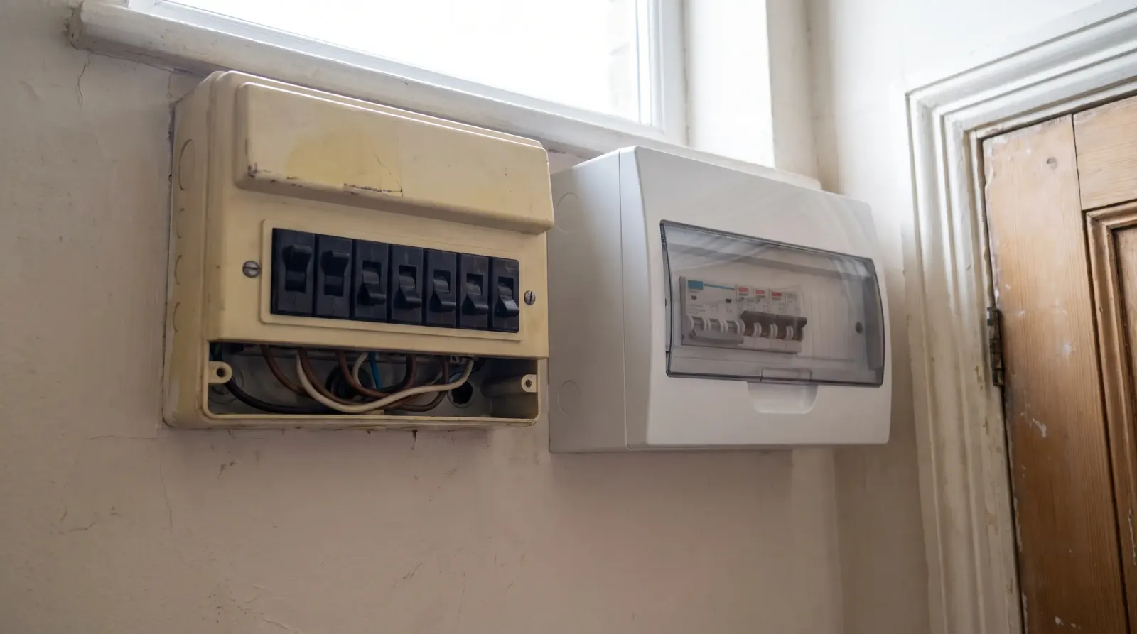 Two consumer units of different ages side by side on a landing — the kind of fuse board upgrade an electrician in Forest Hill is called out for