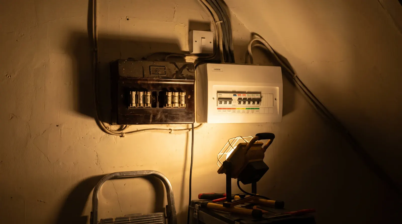 Two consumer units of different ages side by side on a landing — the kind of fuse board upgrade an electrician in Ilford is called out for