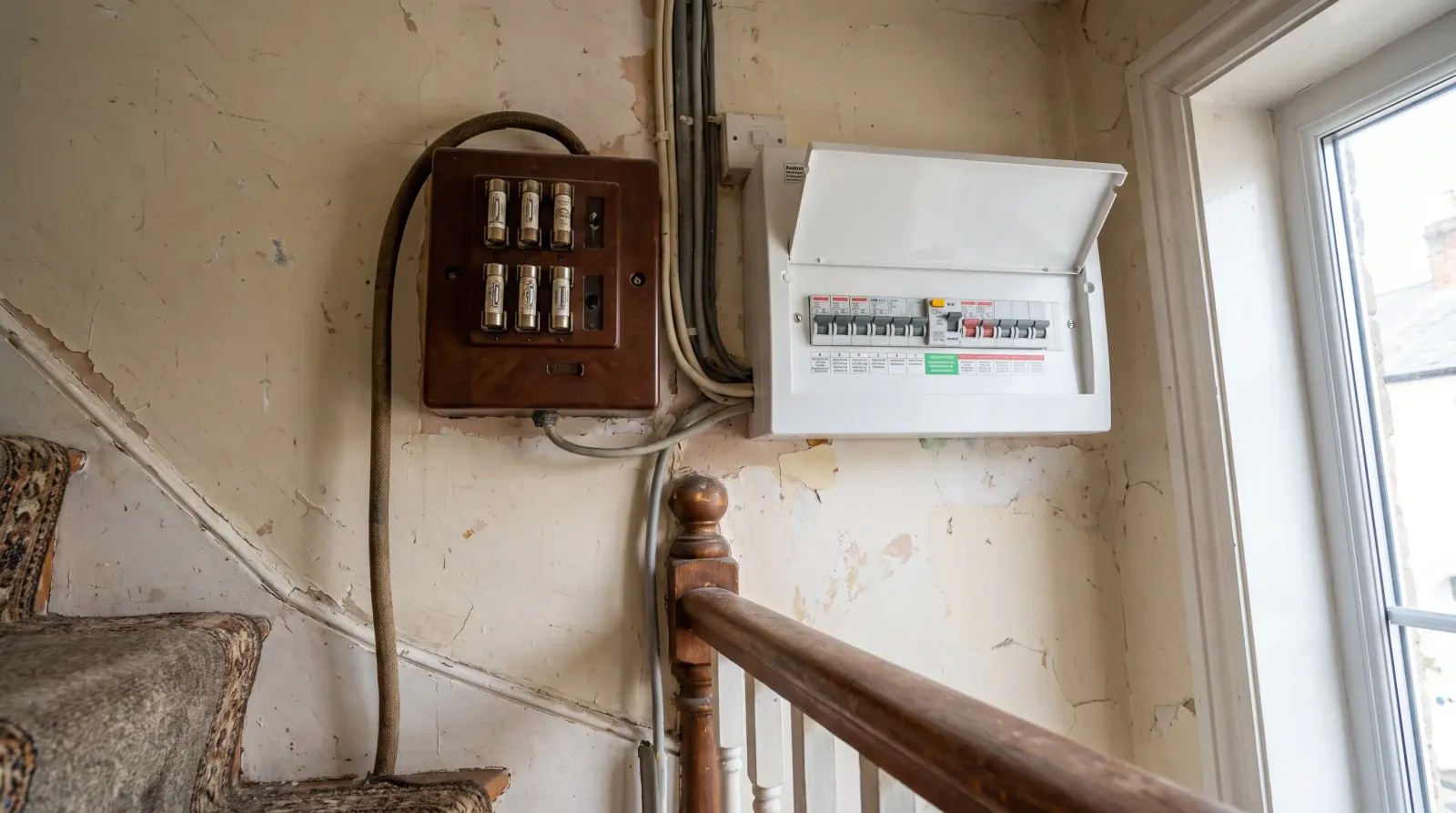 Two consumer units of different ages side by side on a landing — fuse board upgrade in Muswell Hill