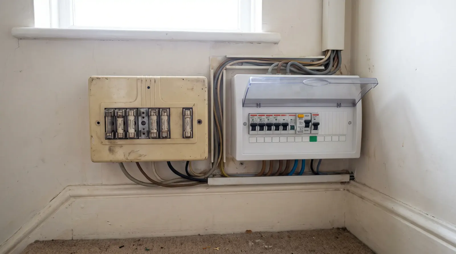Two consumer units of different ages side by side on a landing — the kind of fuse board upgrade an electrician in Tufnell Park is called out for
