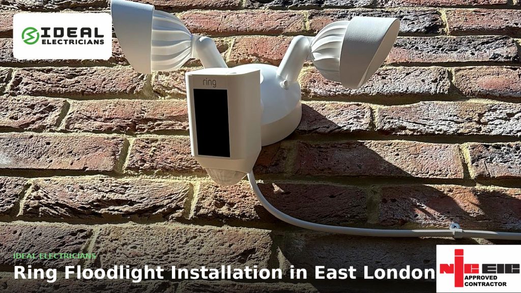 NICEIC-approved electrician installation of a white Ring Floodlight Cam for home security